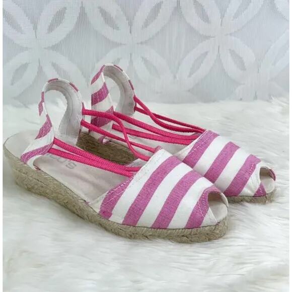 Chicos Jessa Lot of 2 Yellow & Pink Striped Espadrille Wedges Sandals Size 7 - Picture 9 of 12